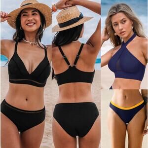 NWT Cupshe Black Ladder Trim Bikini Top & Mid-Rise Bottoms Set BUNDLE Size S